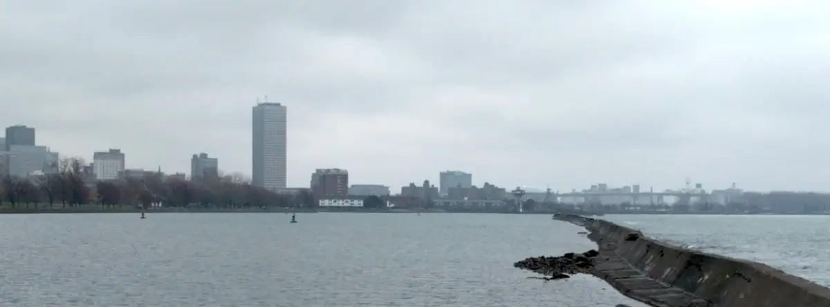 Buffalo skyline and waterfront beneath an overcast sky