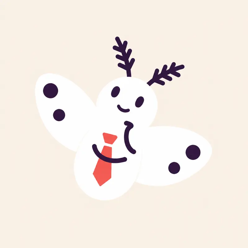 White moth wearing a coral tie and presenting